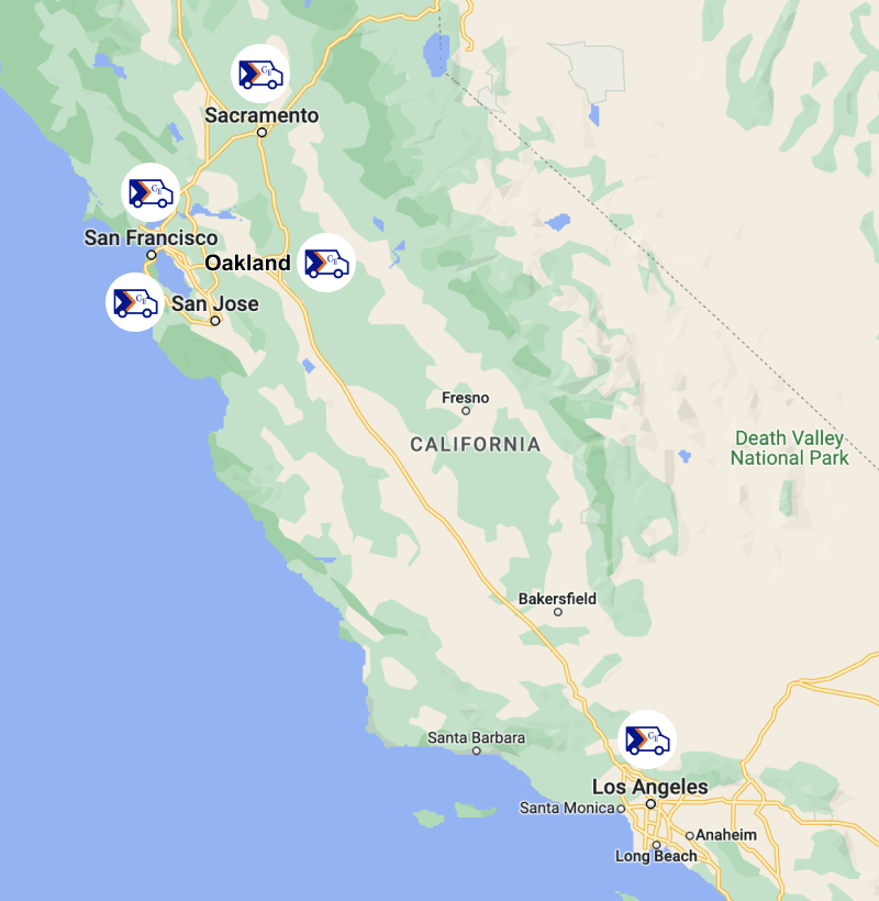 Regional courier service locations including SFO, OAK, SJC, LAX, and SMF airports